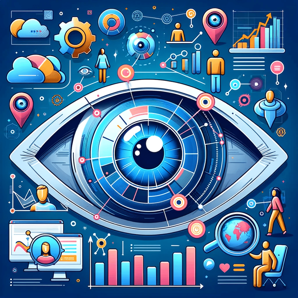 Ojo estilizado con gráficos de datos, simbolizando la observación del comportamiento de visitantes en un sitio web. | Posiciona.Digital