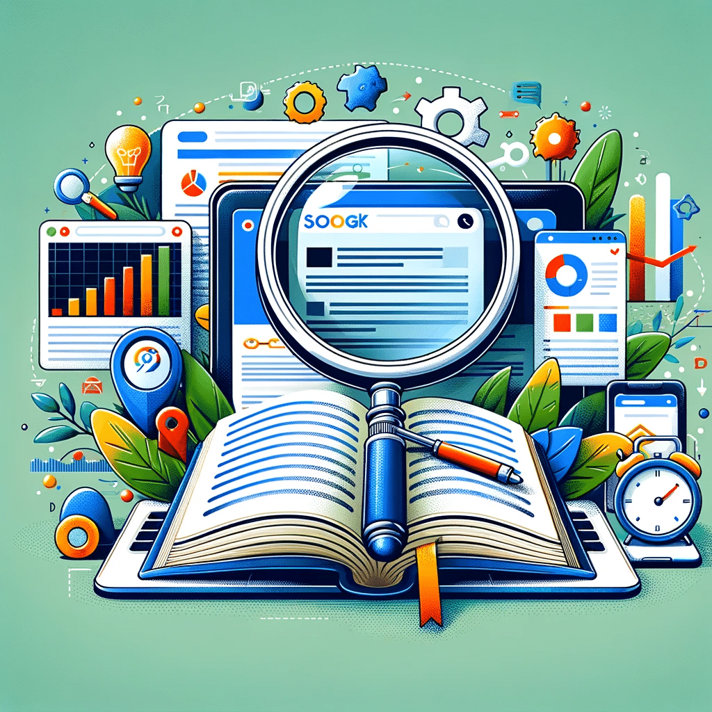 Ilustración de SEO con libro, lupa y elementos digitales, destacando la importancia de los snippets en estrategias de marketing. Featured snippets | Posiciona.Digital