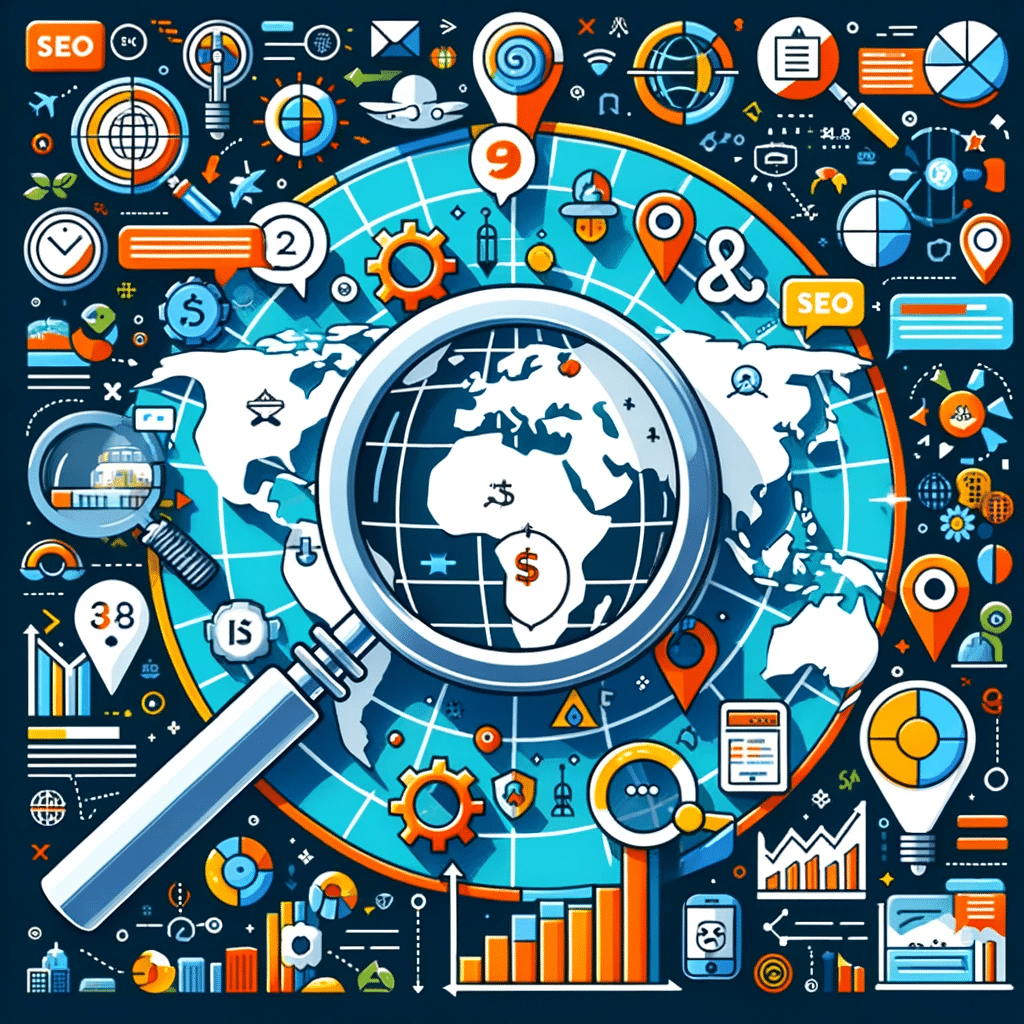 Ilustración de fundamentos del SEO internacional con lupa, mapa mundial, herramientas y dominios de marketing digital. URL Posicionamiento SEO internacional| Posiciona.Digital