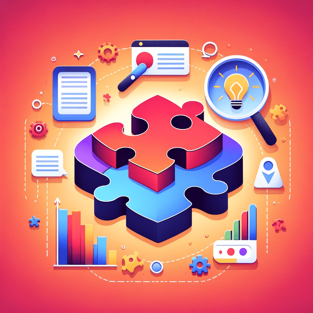 Ilustración de estrategias SEO para snippets con rompecabezas y herramientas de análisis. | Posiciona.Digital