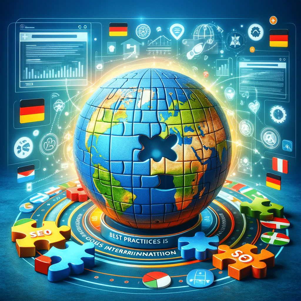 Ilustración de implementación de SEO internacional con pieza de rompecabezas y elementos digitales. | Posiciona.Digital