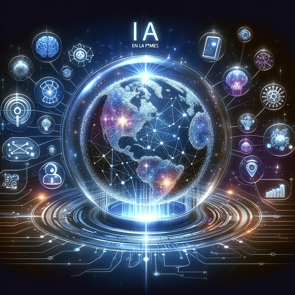 Esfera de cristal con elementos de IA y marketing digital, simbolizando el futuro de la IA en pymes. | Posiciona.Digital