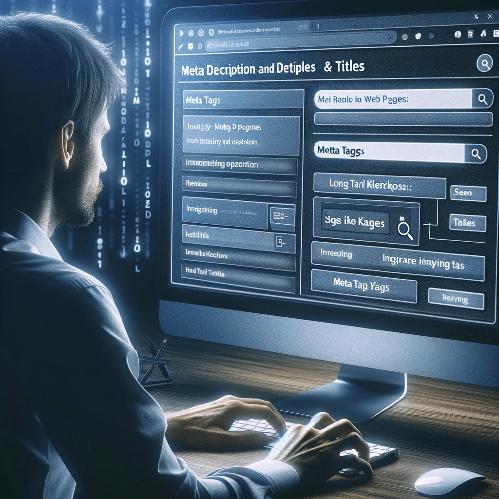 Desarrollador web optimizando meta descripciones y títulos en una computadora, integrando palabras clave long tail en un interfaz de herramienta SEO. | Posiciona.Digital