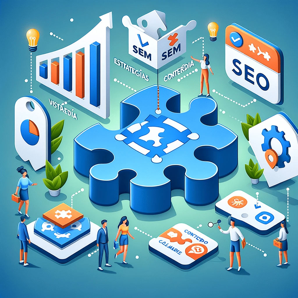 Puzzle de estrategias de marketing digital, con iconos de conversión de visitantes a clientes y gráficos de crecimiento. Prueba de redes sociales. |Posiciona.Digital
