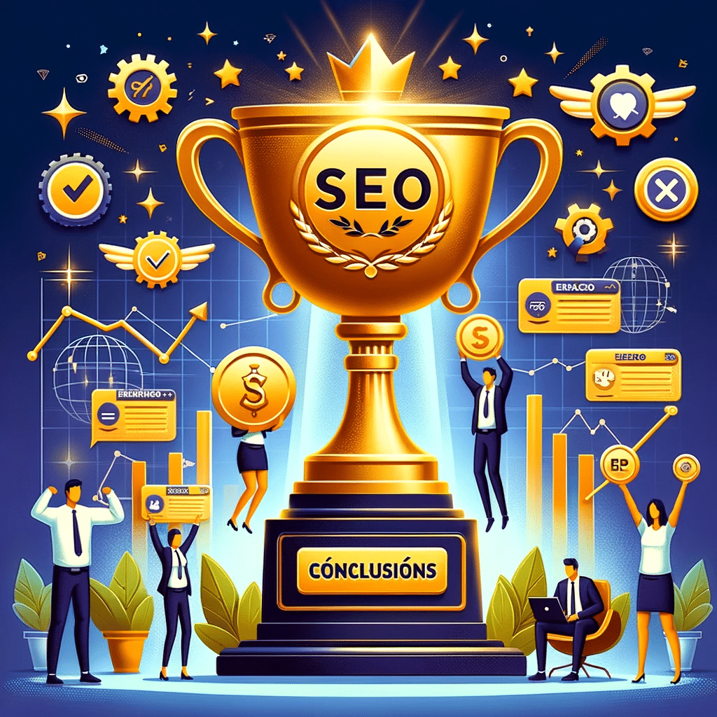Trofeo de oro con iconos de SEO y startups celebrando, simbolizando el éxito del SEO en el crecimiento de startups. | Posiciona.Digital