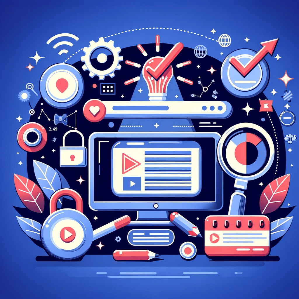 Ilustración de video con títulos y etiquetas optimizados, lupa y gráficos para visibilidad en marketing digital. Seo para vídeo optimización para plataformas como Youtube | Posiciona.Digital