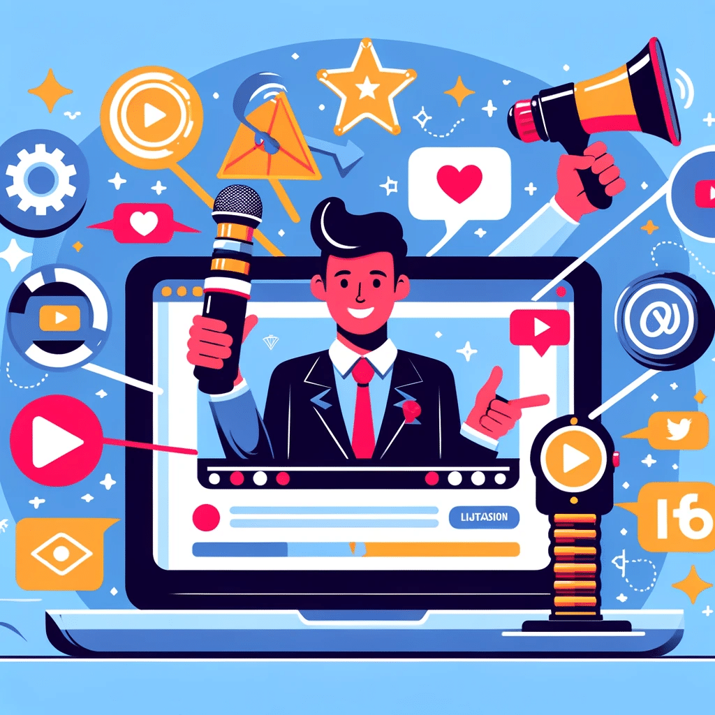 Ilustración de video y redes sociales con influencer y megáfono, simbolizando la promoción en marketing digital | Posiciona.Digital