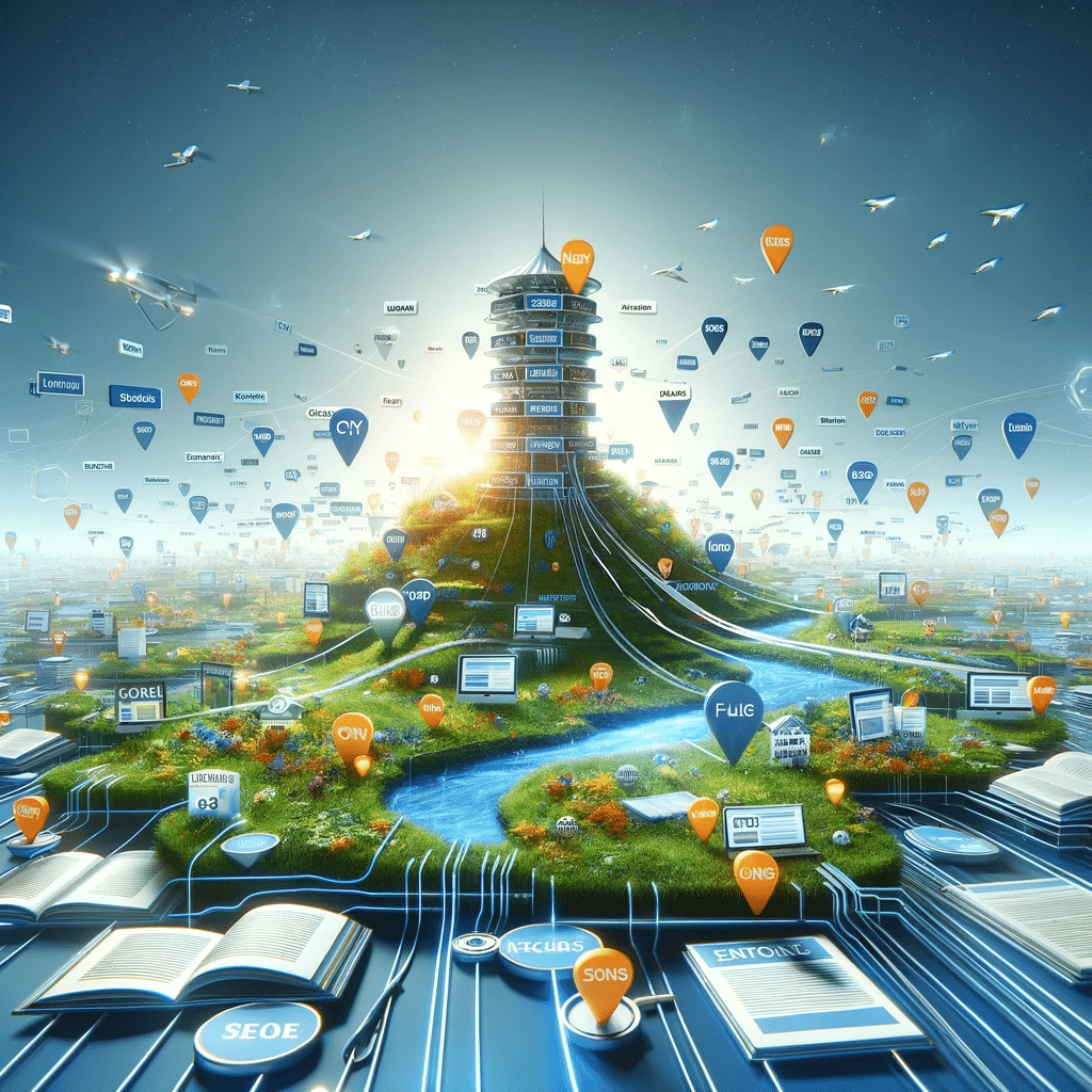 Paisaje digital exitoso destacando el uso efectivo de palabras clave long tail, con páginas de contenido, blogs e íconos de redes sociales interconectados, simbolizando el éxito en estrategias SEO | Posiciona.Digital