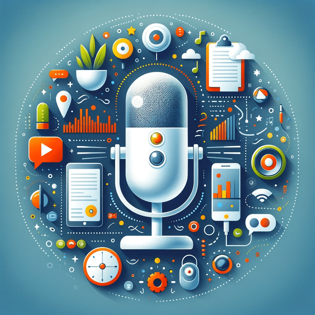 Dispositivo de Voice Search SEO estrategias para resultados de búsqueda por voz rodeado de elementos, enfocado en estrategias vocales | Posiciona.Digital