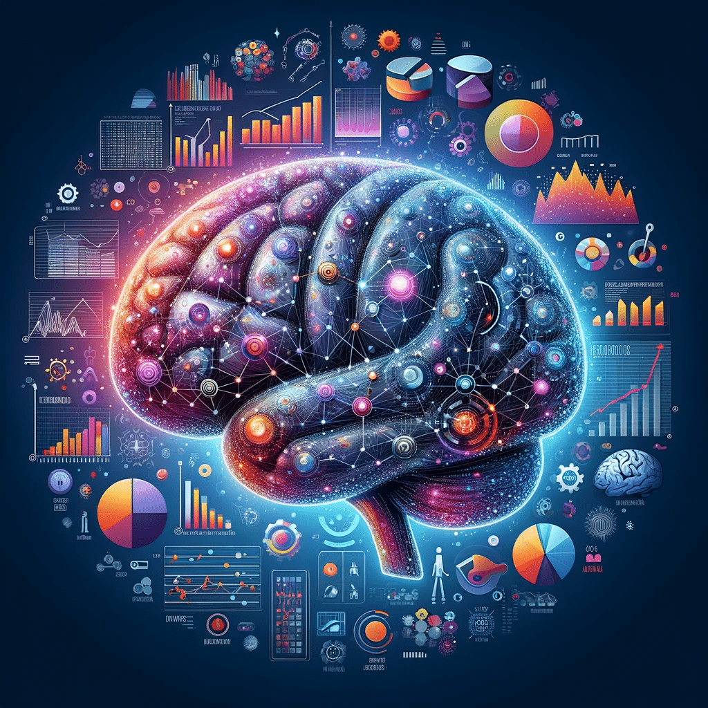 Ilustración de un cerebro de vidrio con datos de SEO, enfocado en análisis predictivo | Posiciona.Digital