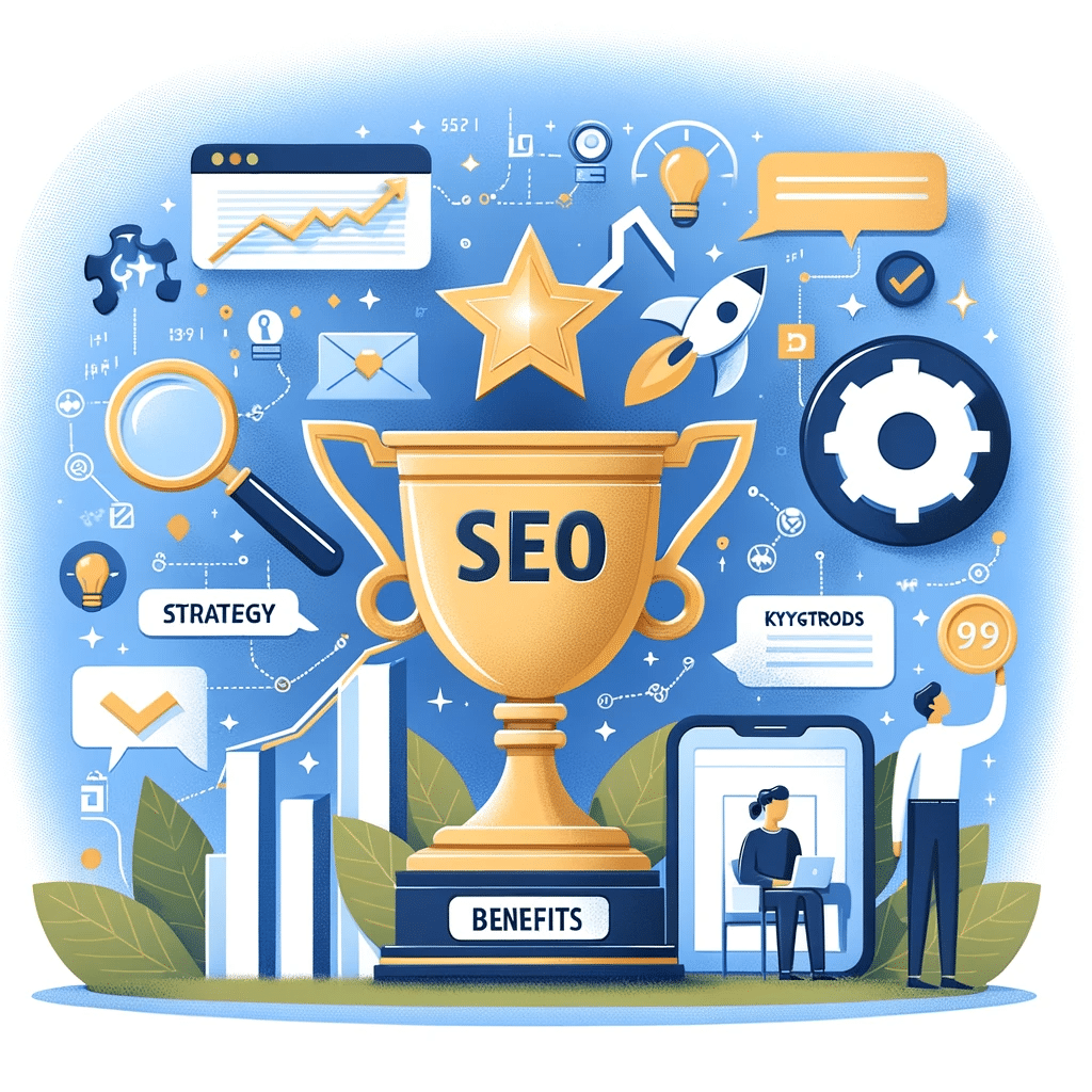 Ilustración de SEO con trofeo, gráfico de crecimiento, usuario feliz y palabras clave en red | Posiciona.Digital