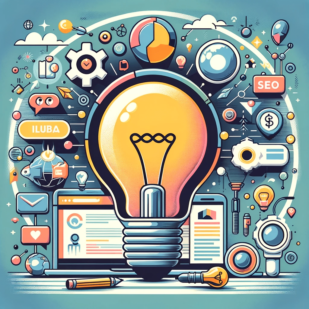 Ilustración creativa con bombilla, elementos de marketing digital, SEO y redes sociales, ideal para temas de sitios web | Posiciona.Digital