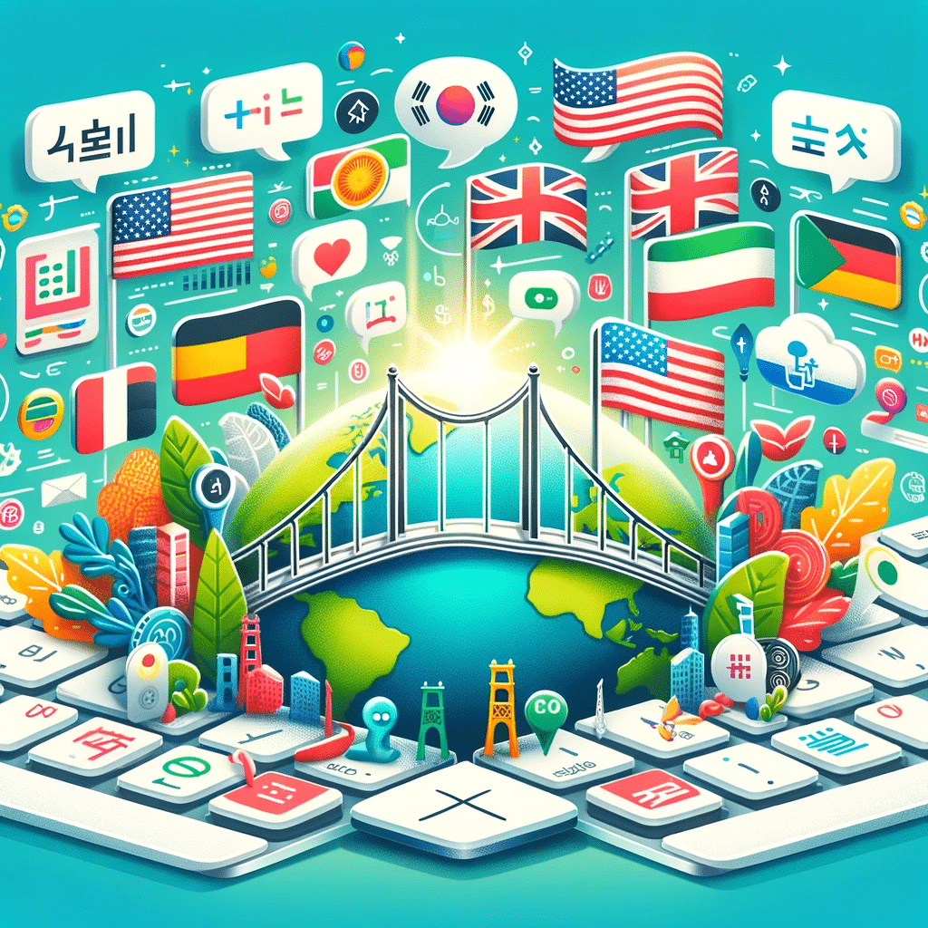 Ilustración de superación de barreras de idioma y cultura en SEO con puente y símbolos culturales. | Posiciona.Digital