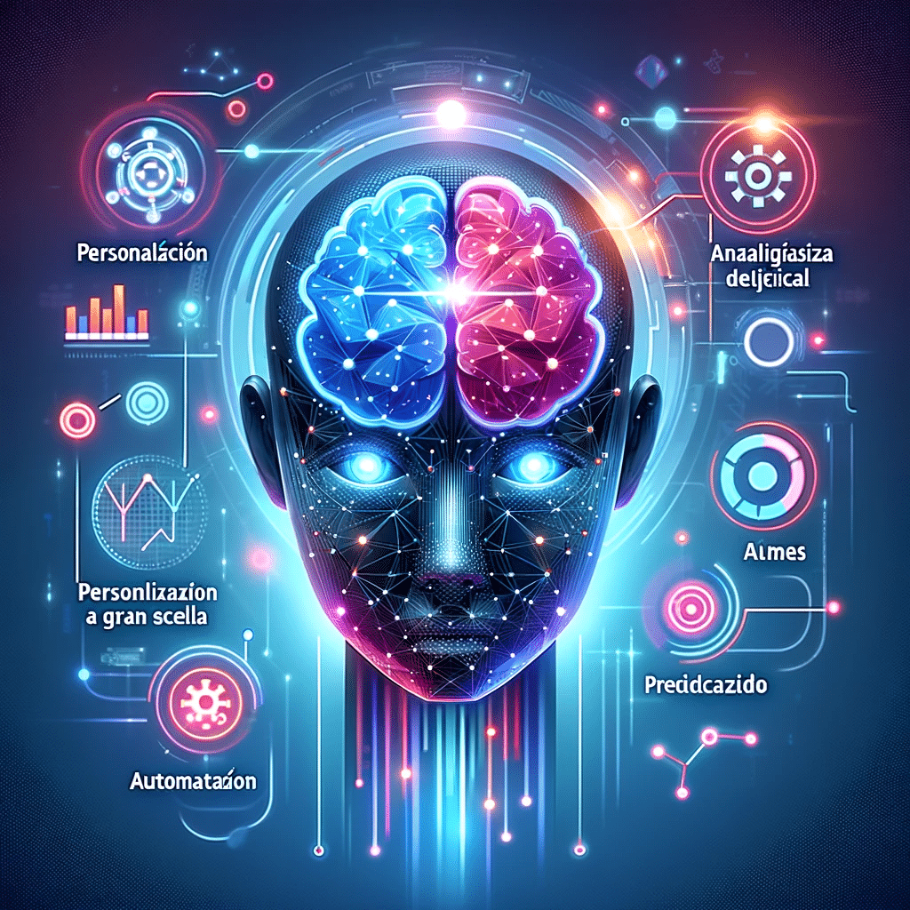 Ilustración del futuro de marketing en pymes con IA, mostrando tecnología avanzada y tendencias | Posiciona.Digital