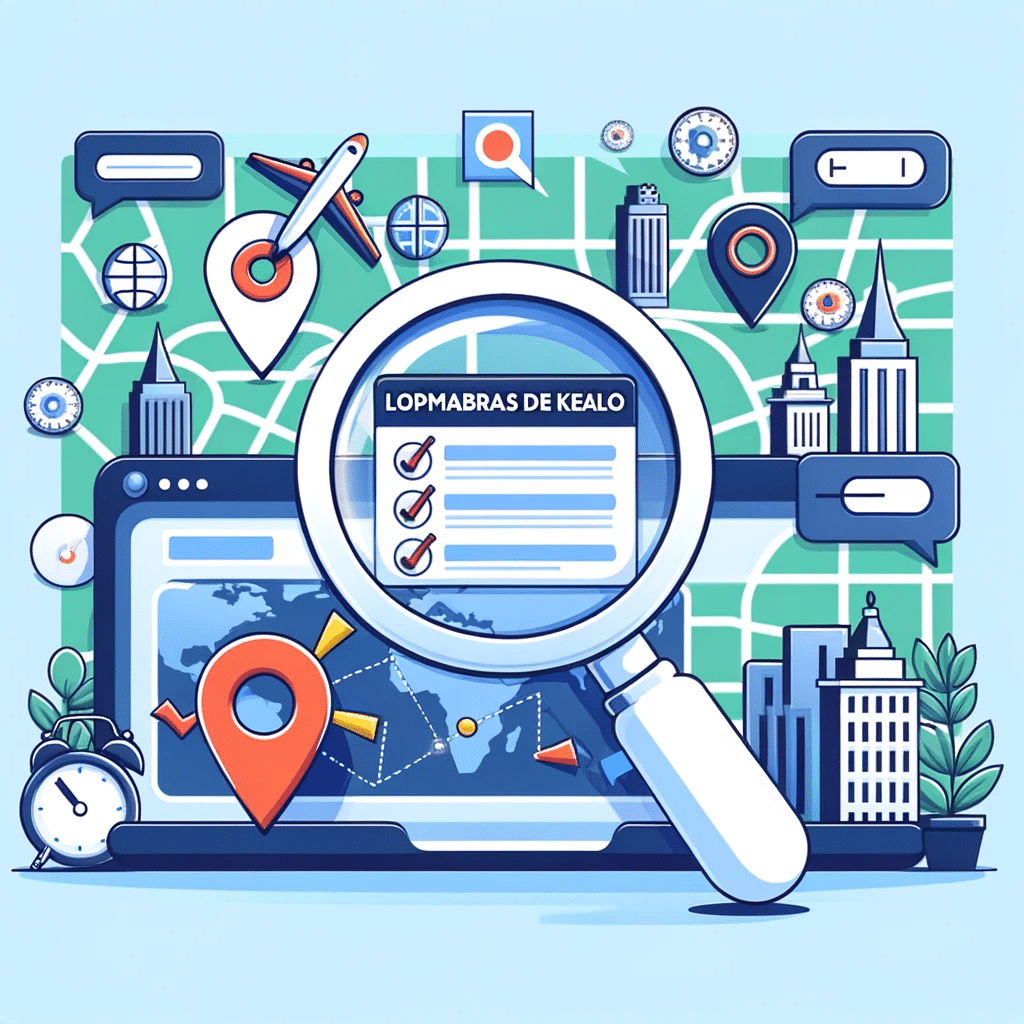 Lupa sobre mapa de ciudad resaltando palabras clave para negocios locales. | Posiciona.Digital