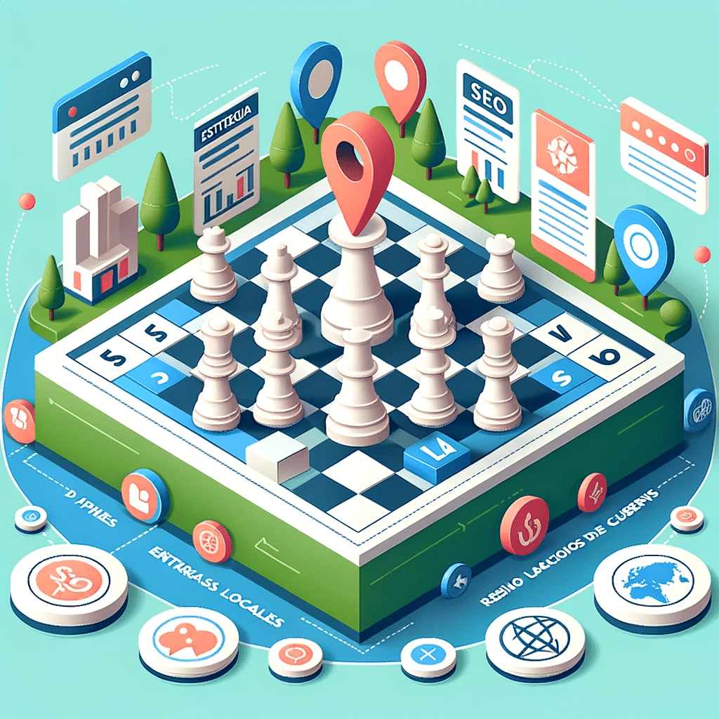 Tablero de ajedrez con estrategias SEO y mapa de ciudad, representando SEO para empresas locales. | Posiciona.Digital