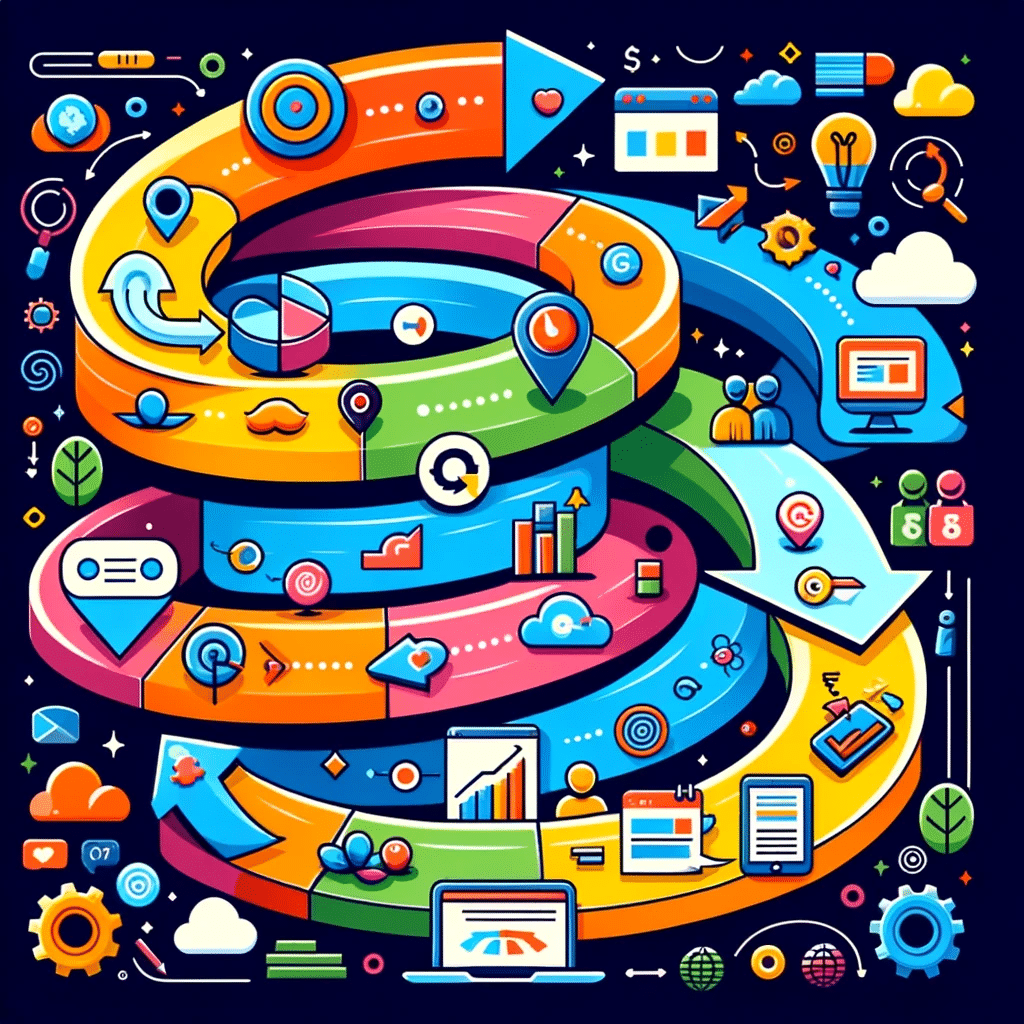 Embudo de conversión con capas de tráfico web, interacción y conversión, rodeado de elementos de marketing digital. Pruebas A/B CRO | Posiciona.Digital