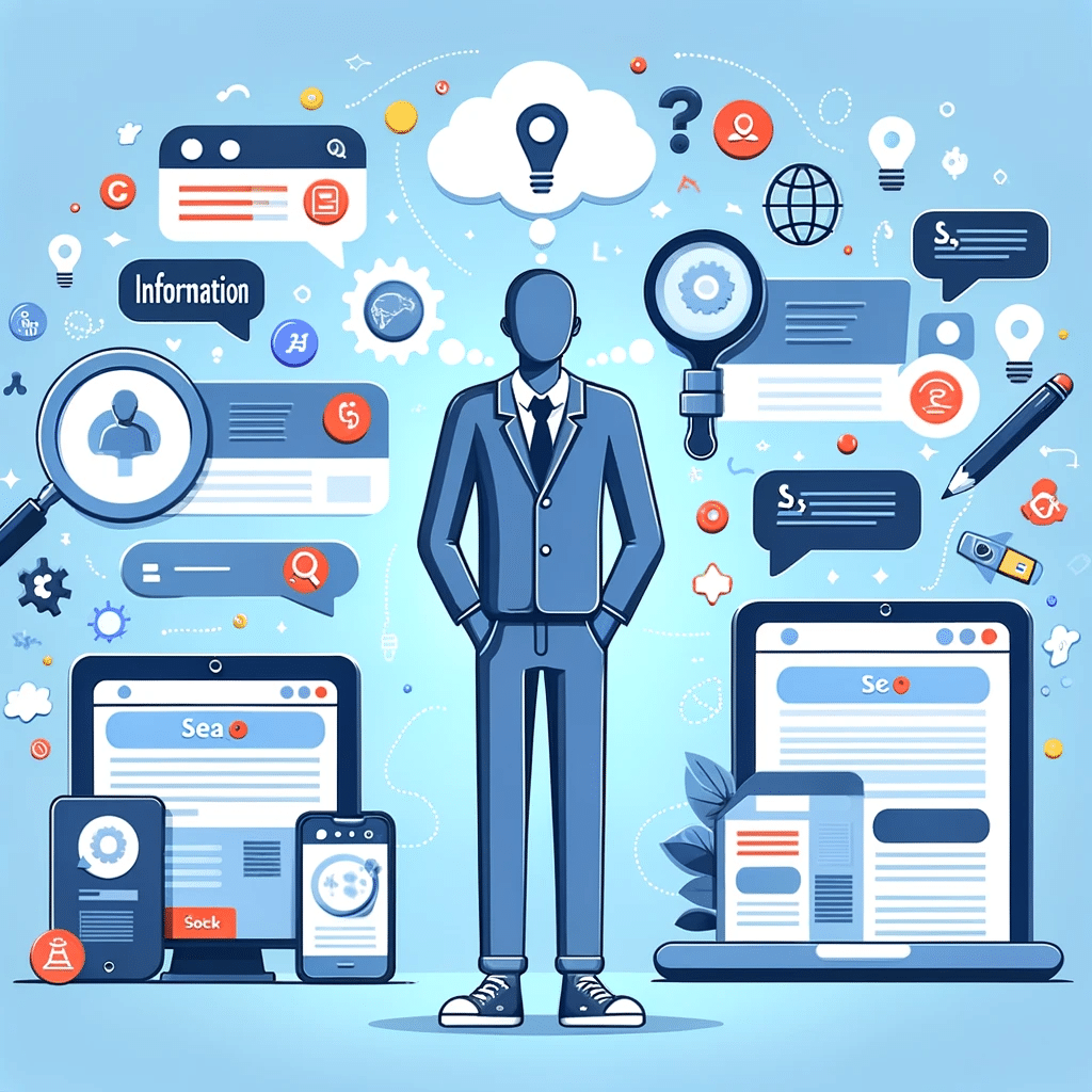 Ilustración sobre optimización de intención de usuario en SEO con figura humana, palabras clave y dispositivos. Browser | Posiciona.Digital