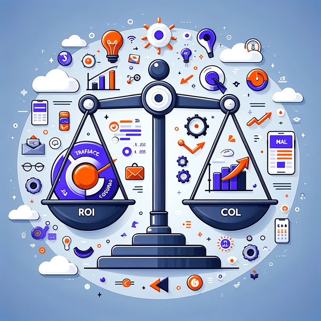 Balanza simbolizando optimización en marketing digital, con elementos de tráfico web y tasa de conversión CRO, rodeados por gráficos e iconos. | Posiciona.Digital