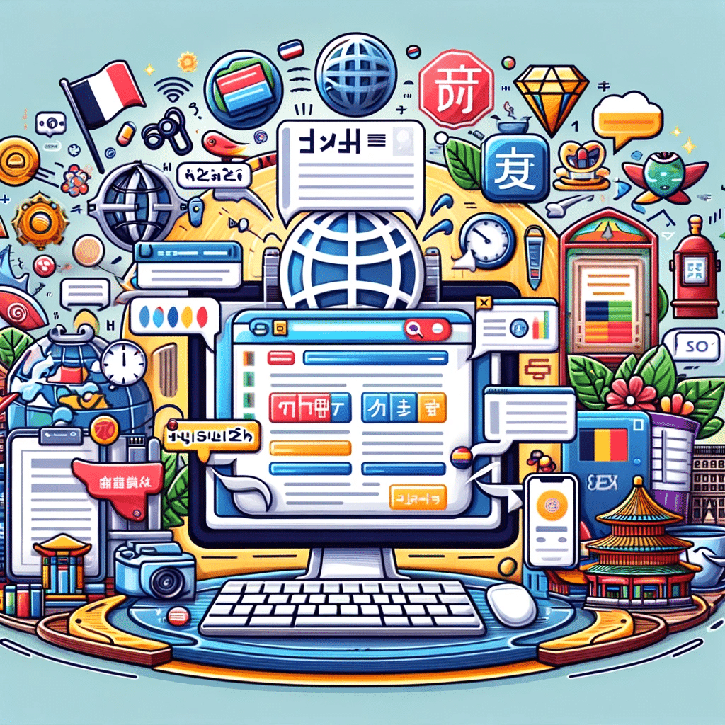 Ilustración de localización para SEO con pantalla de computadora y iconos culturales. | Posiciona.Digital