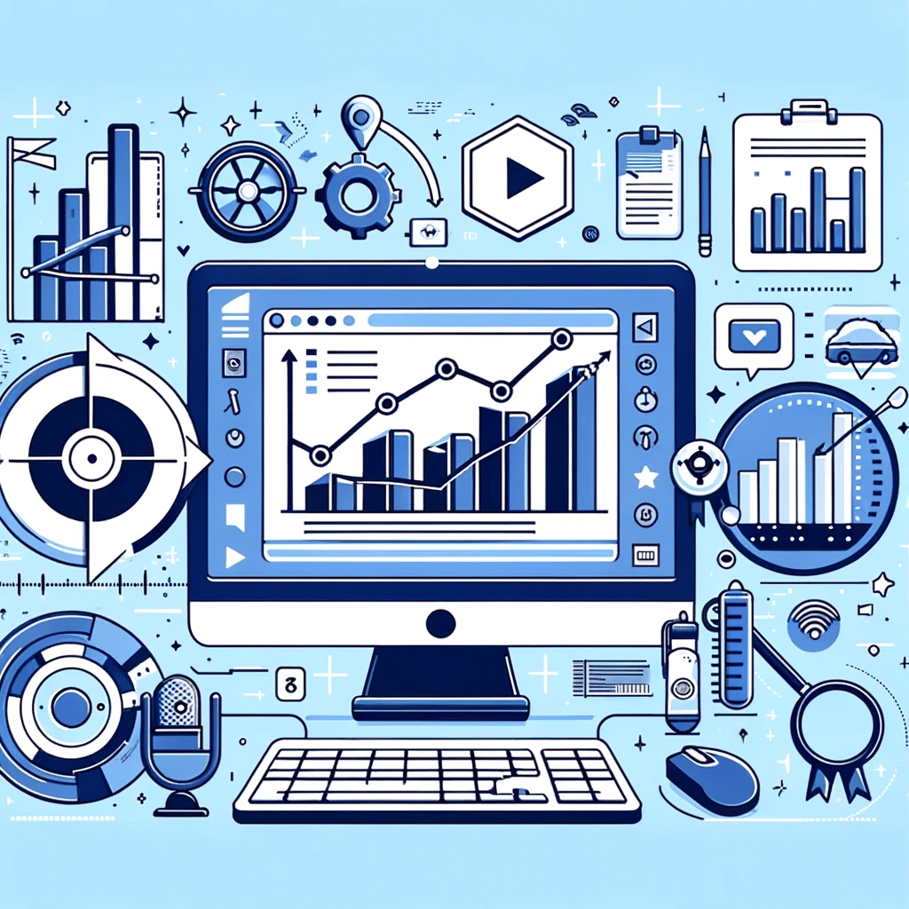 Ilustración de análisis de rendimiento de video con gráficos y estadísticas en pantalla de computadora, para marketing digital | Posiciona.Digital