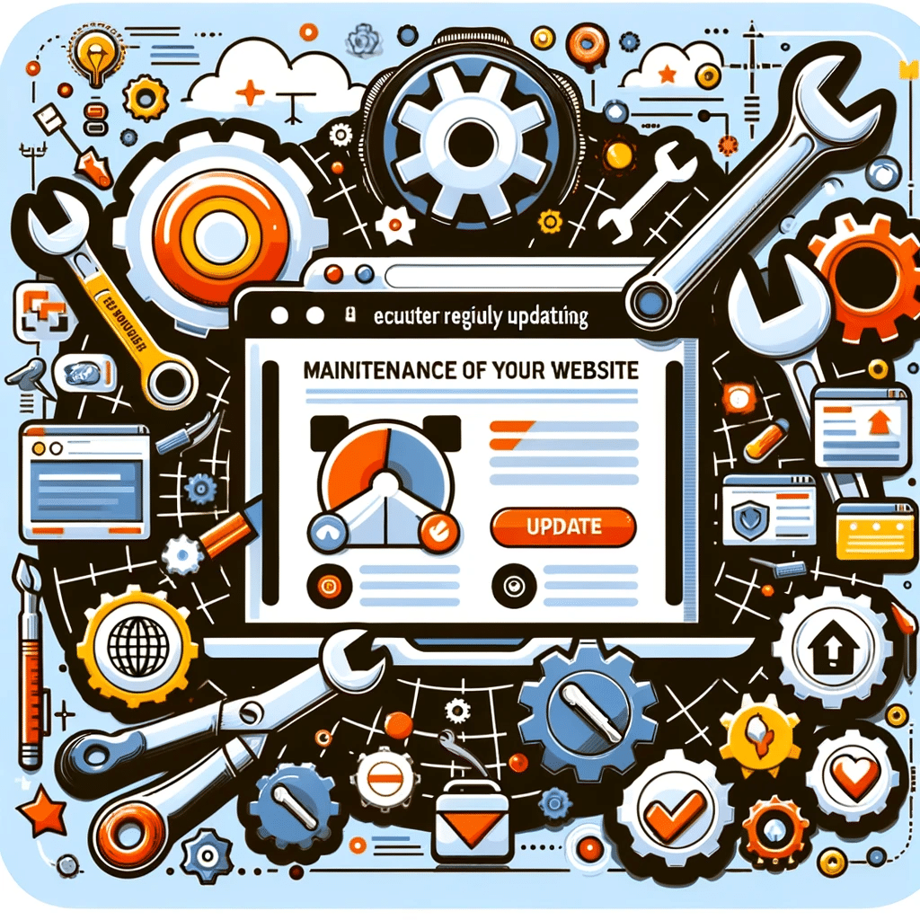 Ilustración sobre el mantenimiento y actualización regular de sitios web, con herramientas y símbolos de optimización. | Posiciona.Digital