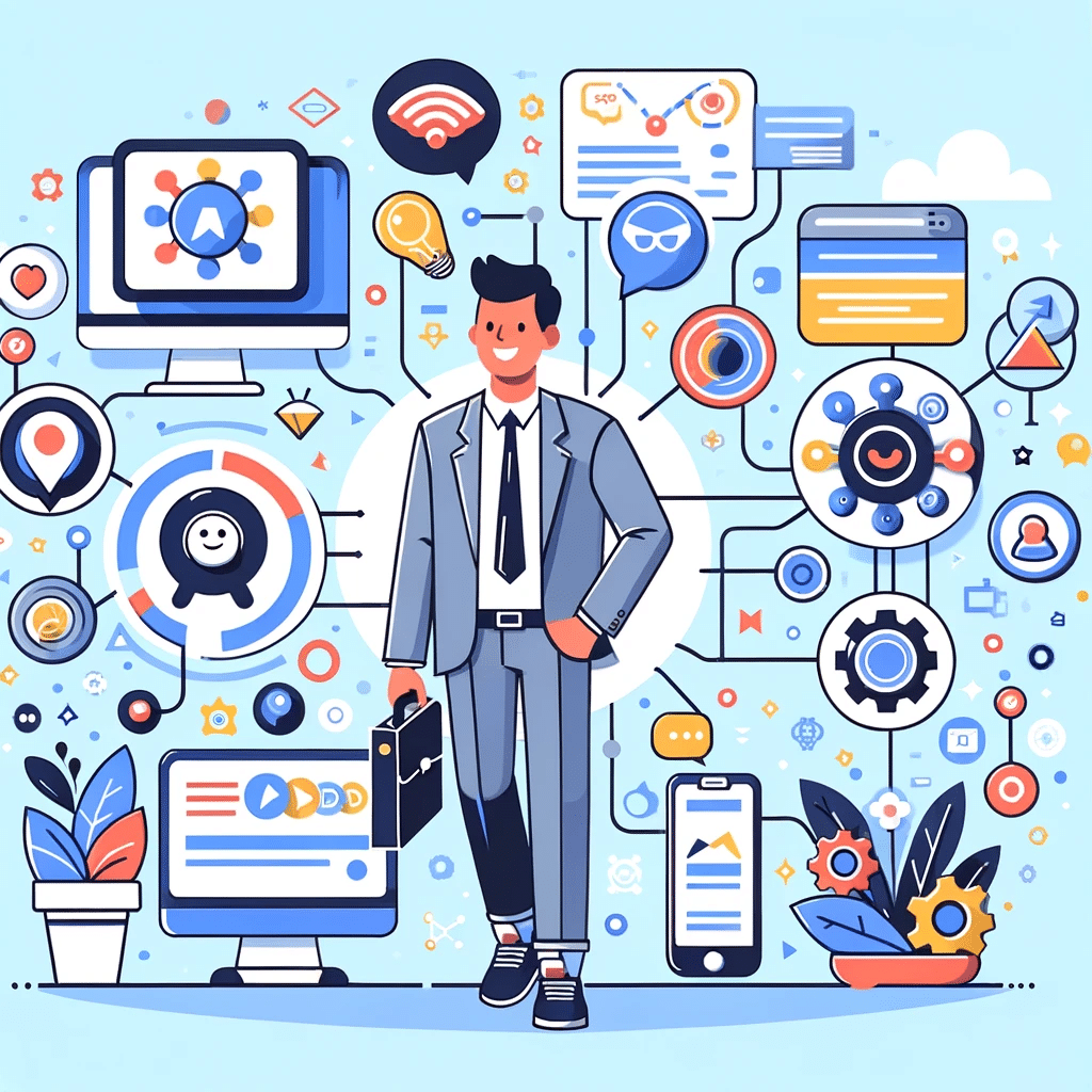 Ilustración de marketing digital con IA automatizando tareas, mostrando un empresario y elementos de tecnología y SEO. Redes sociales | Posiciona.Digital