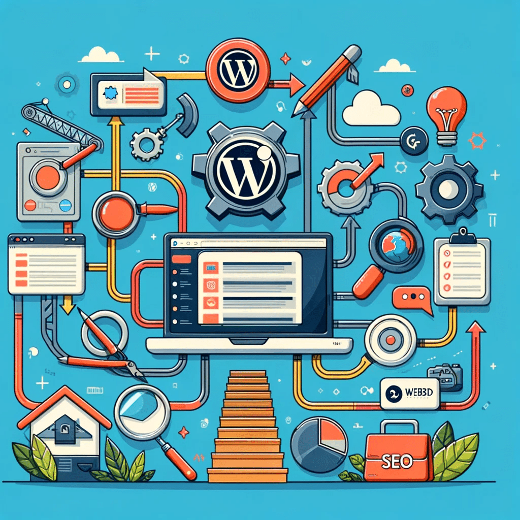 Ilustración mostrando los pasos para construir un sitio web profesional en WordPress, con herramientas de marketing digital. | Posiciona.Digital