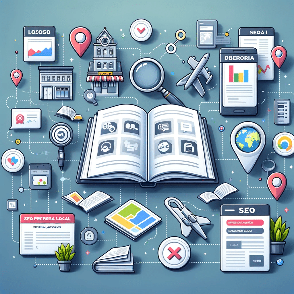Libro 'SEO de Empresas Locales' con mapas y gráficos, rodeado de iconos de negocios locales. | Posiciona.Digital