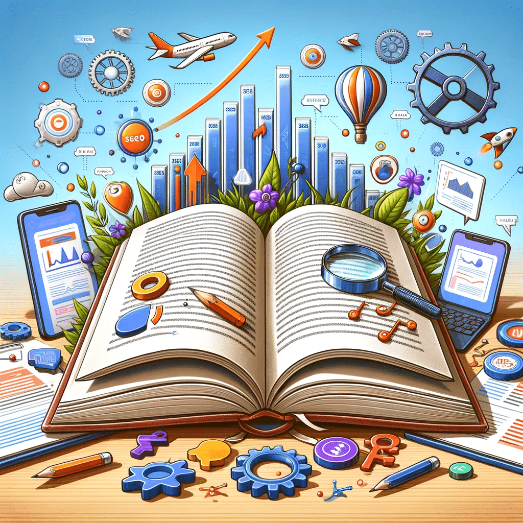 Libro abierto con gráficos de SEO y startups escalando hacia el éxito, destacando la importancia del SEO. | Posiciona.Digital