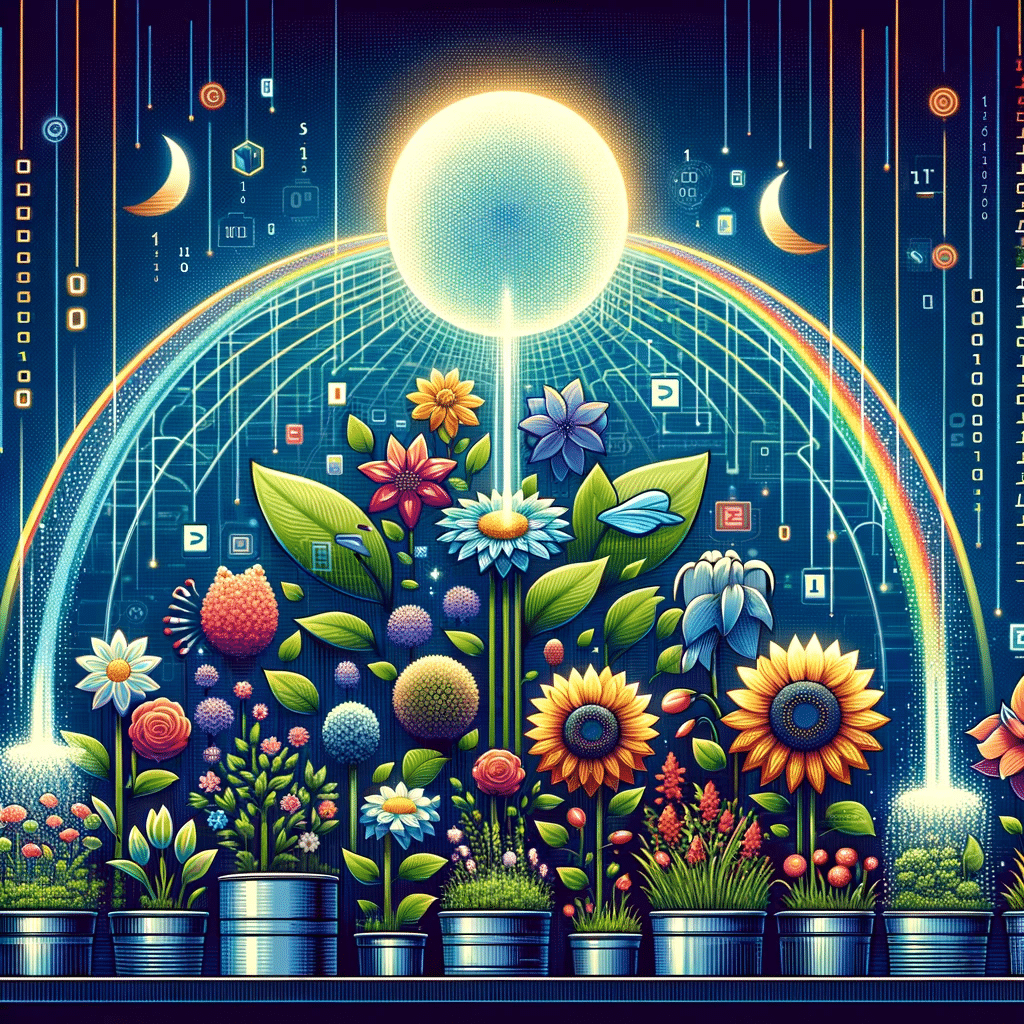 Jardín digital floreciente simboliza el crecimiento y salud de sitios web con gestión óptima de espacio y ancho de banda | Posiciona.Digital