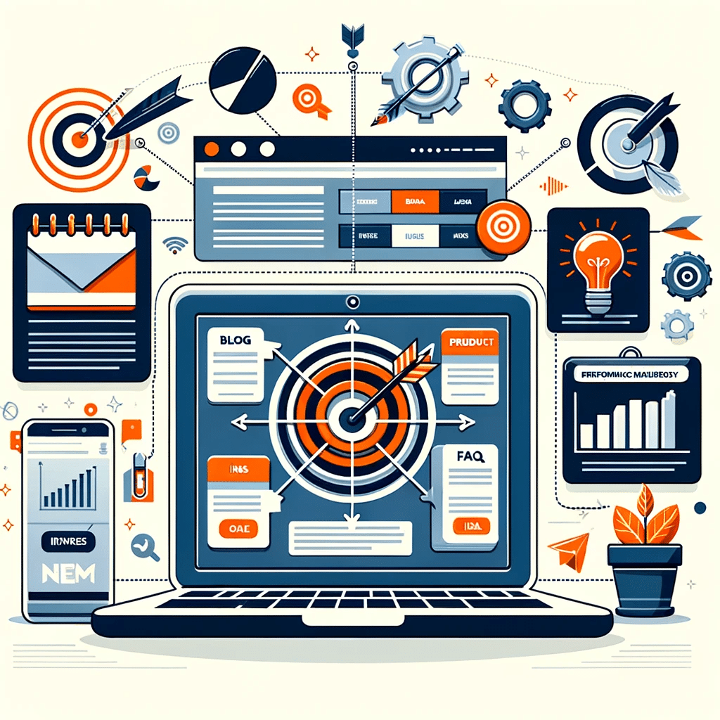 Ilustración de estrategias de contenido SEO con portátil, objetivos y herramientas de análisis. Security | Posiciona.Digital