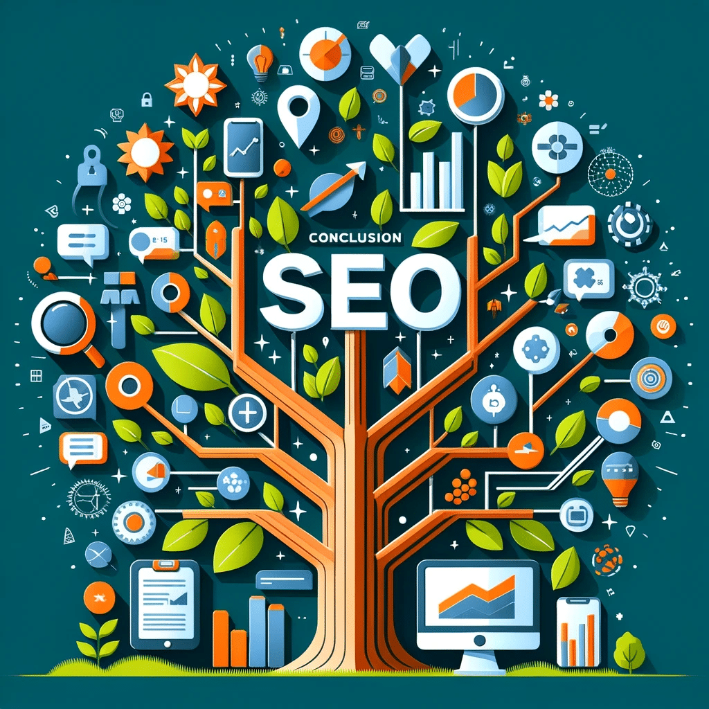 Árbol con raíces de palabras clave SEO y negocios florecientes, simbolizando crecimiento con SEO On Page. | Posiciona.Digital