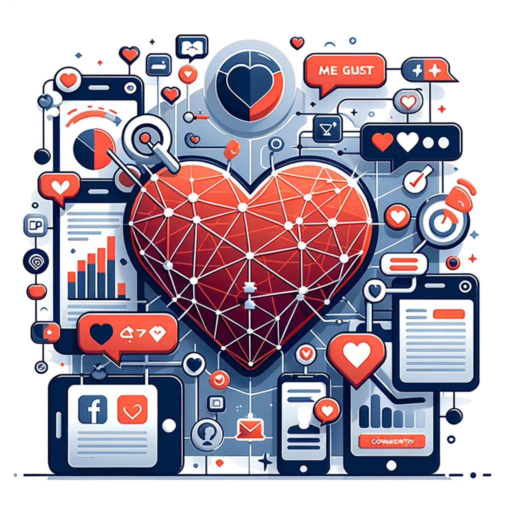 Ilustración con corazón y elementos de redes sociales, destacando su importancia en marketing para pymes. | Posiciona.Digital