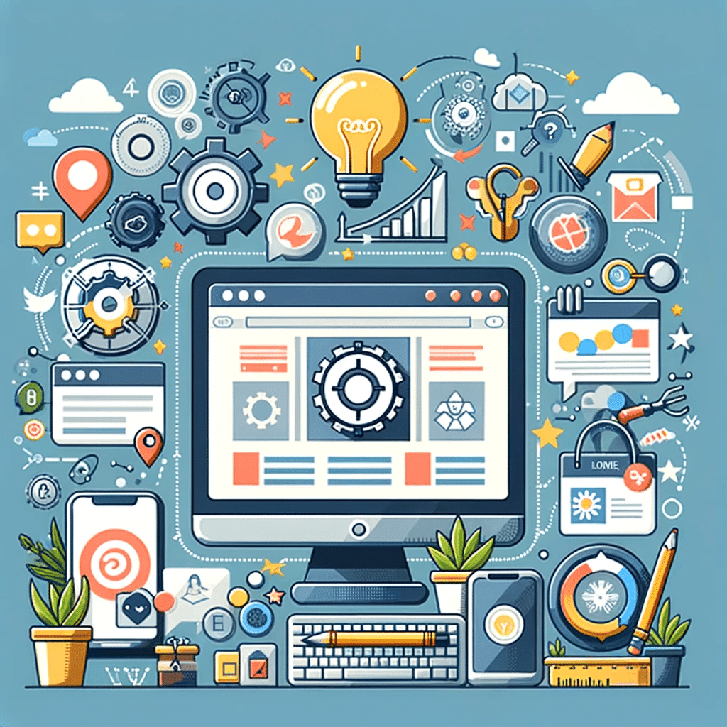 Ilustración destacando la importancia de un sitio web profesional para pymes con elementos de marketing digital y presencia en línea. WordPress para pymes cómo construir un sitio web profesional fácilmente | Posicion.Digital