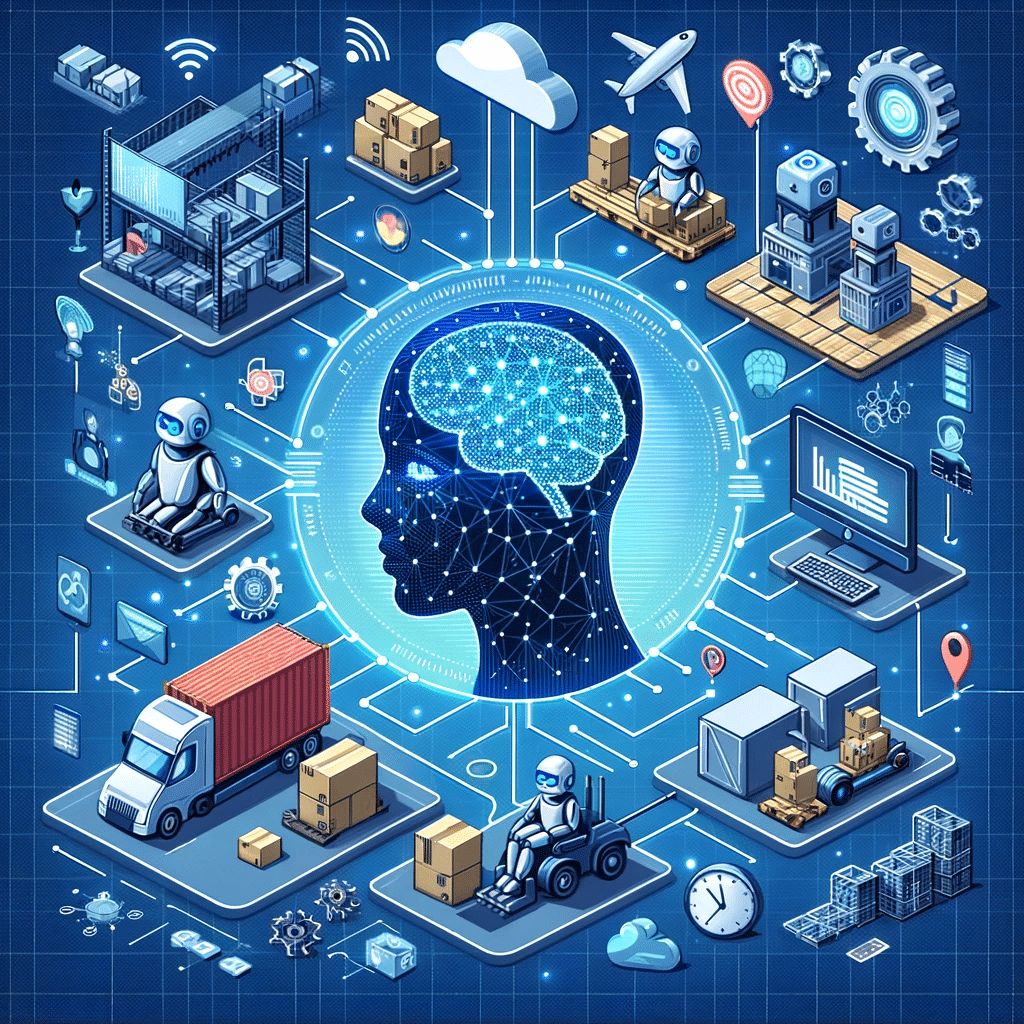 Ilustración de IA optimizando inventario y logística en marketing digital. | Posiciona.Digital