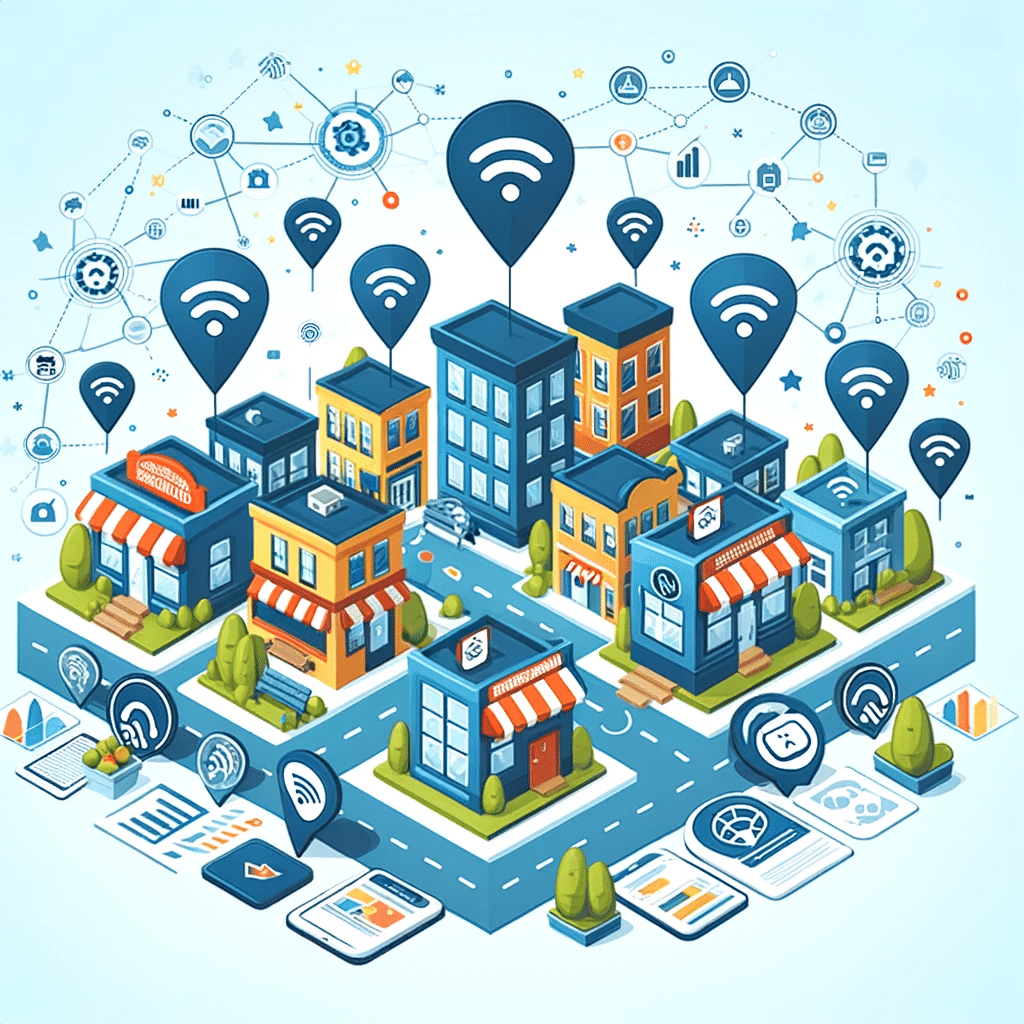 Ciudad con negocios locales y señales de Wi-Fi, representando optimización en línea. GMB | Posiciona.Digital