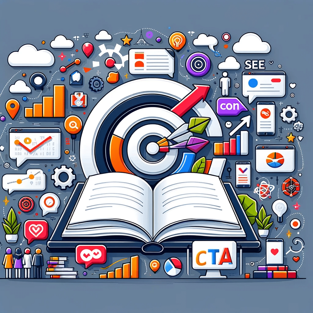 Ilustración de marketing digital con imán-libro atrayendo iconos de personas, clics y gráficos, rodeado de palabras clave como SEO y SEM. | Posiciona.Digital