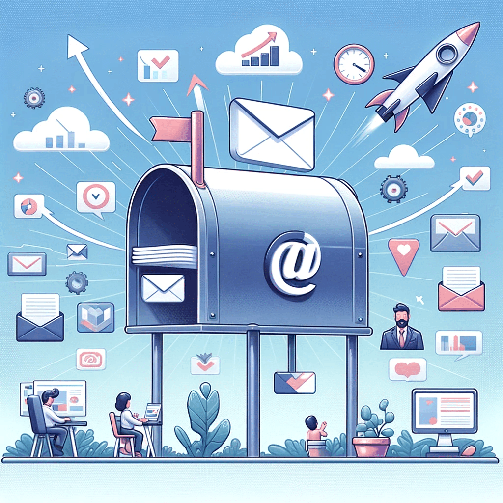 Ilustración de email marketing mostrando buzón y beneficios para pymes. | Posiciona.Digital