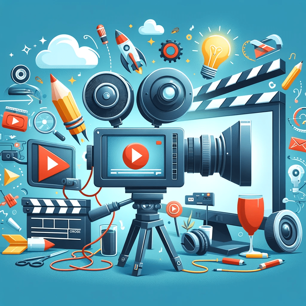 Ilustración con cámara de video, guion, claqueta y luces, simbolizando la creación de contenido de alta calidad en marketing digital | Posiciona.Digital