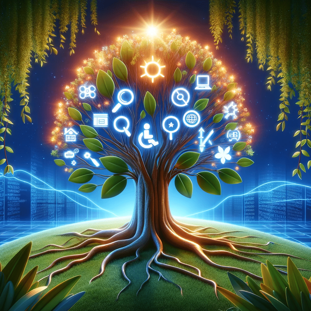 Árbol digital floreciente simboliza SEO y accesibilidad web | Posiciona.Digital