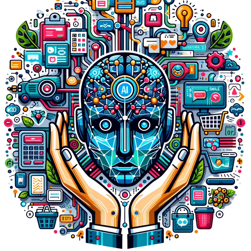 Infografía moderna sobre IA en e-commerce para pymes, mostrando tecnología y marketing digital. IA está revolucionando | Posiciona.Digital