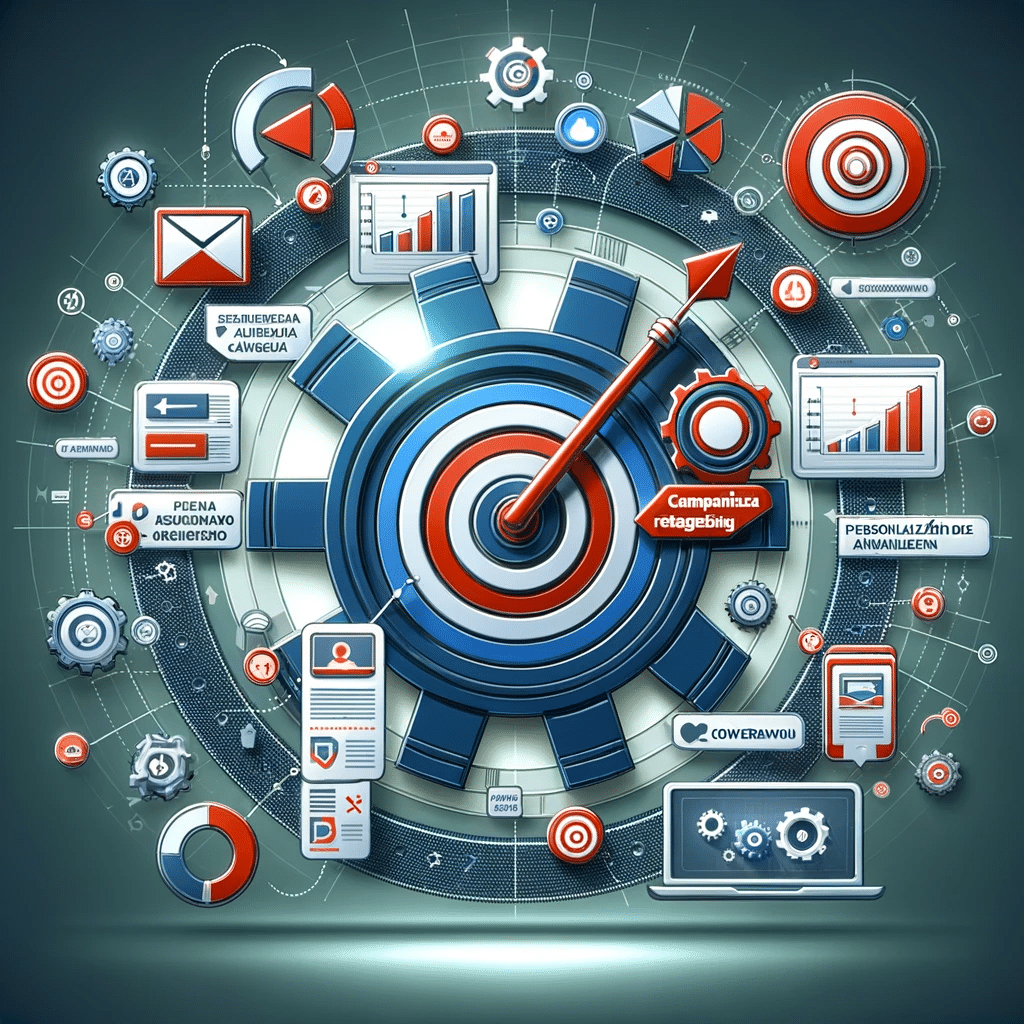 Engranaje con elementos de remarketing como segmentación y análisis, ilustrando optimización de campañas. Post Google Adwords | Posiciona.Digital