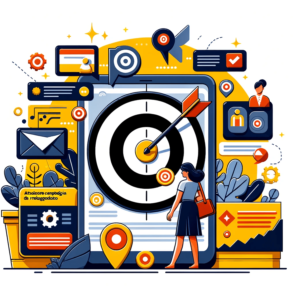 Ilustración de remarketing con diana, anuncio personalizado y gráficos de interacción, destacando la importancia del retargeting. | Posiciona.Digitl