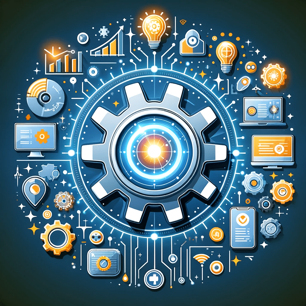 Engranaje de IA rodeado de iconos de marketing digital, simbolizando beneficios de IA en pymes. América Latina | Posiciona.Digital
