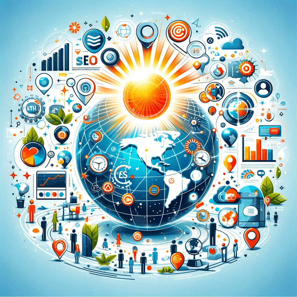 Ilustración del alcance global con SEO, sol brillante y globo con herramientas SEO. Google Search Console y Link Rel Alternate Hreflang | Posiciona.Digital