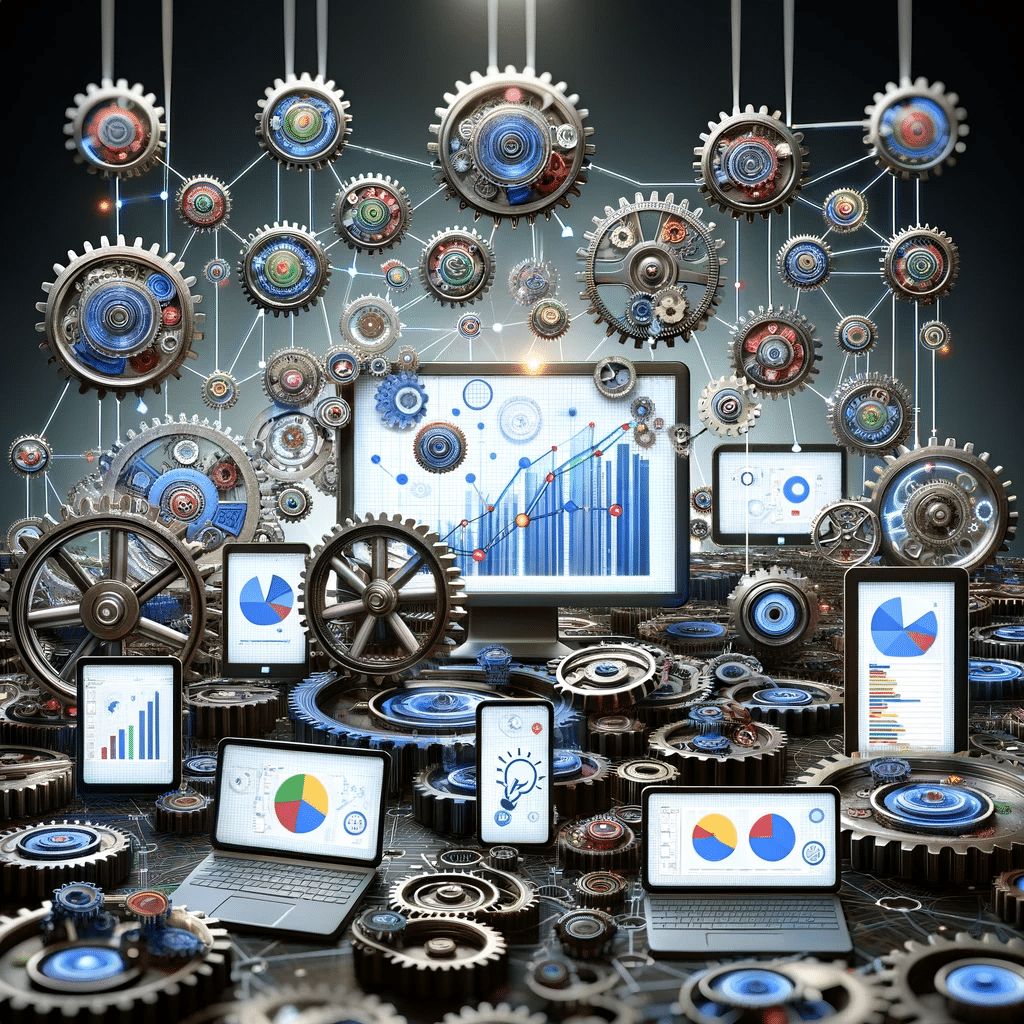 Red de engranajes y dispositivos digitales mostrando gráficos de Google Ads. Smart Bidding| Posiciona.Digital