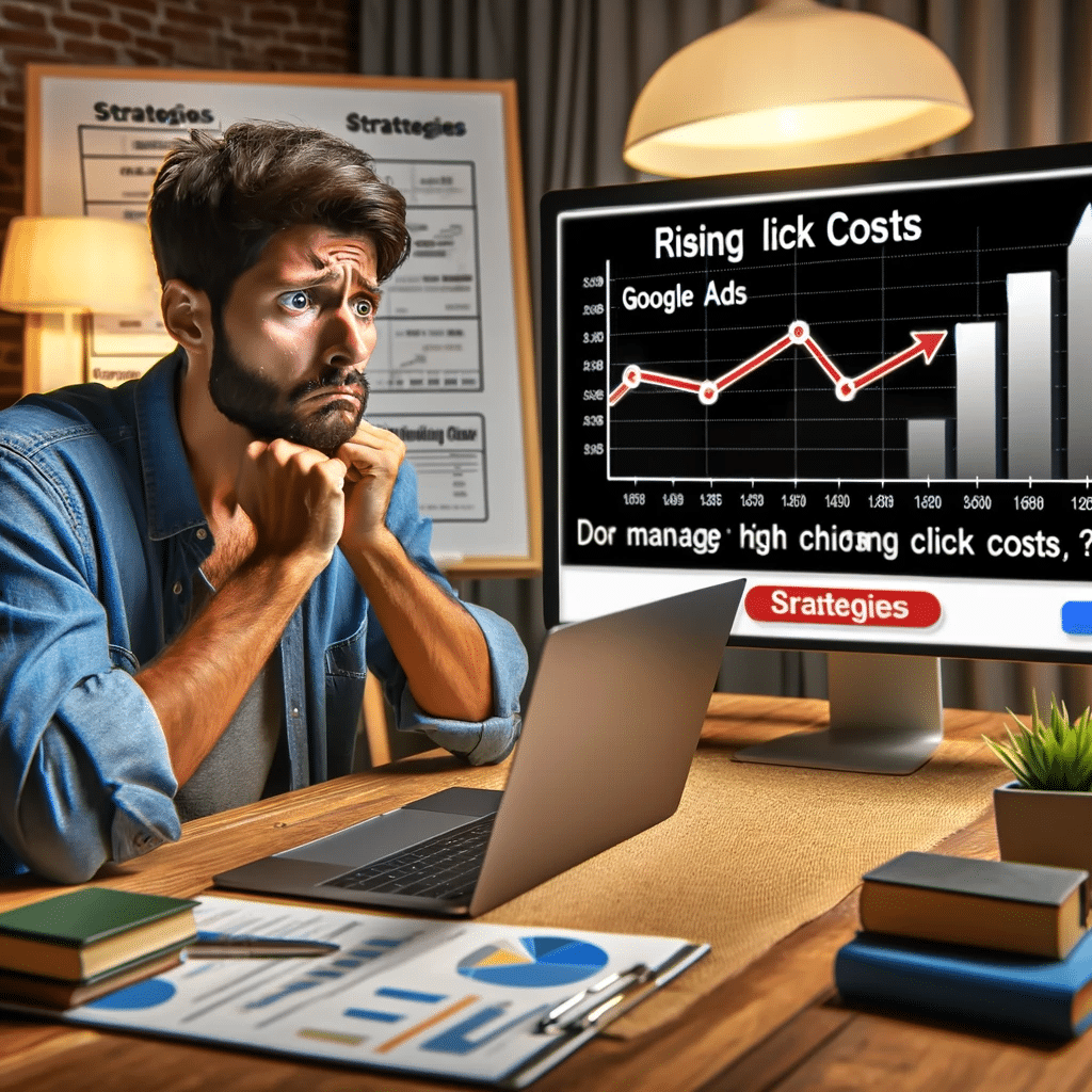 Mercadólogo digital preocupado analizando gráficos de costos por clic en Google Adwords | Posiciona.Digital