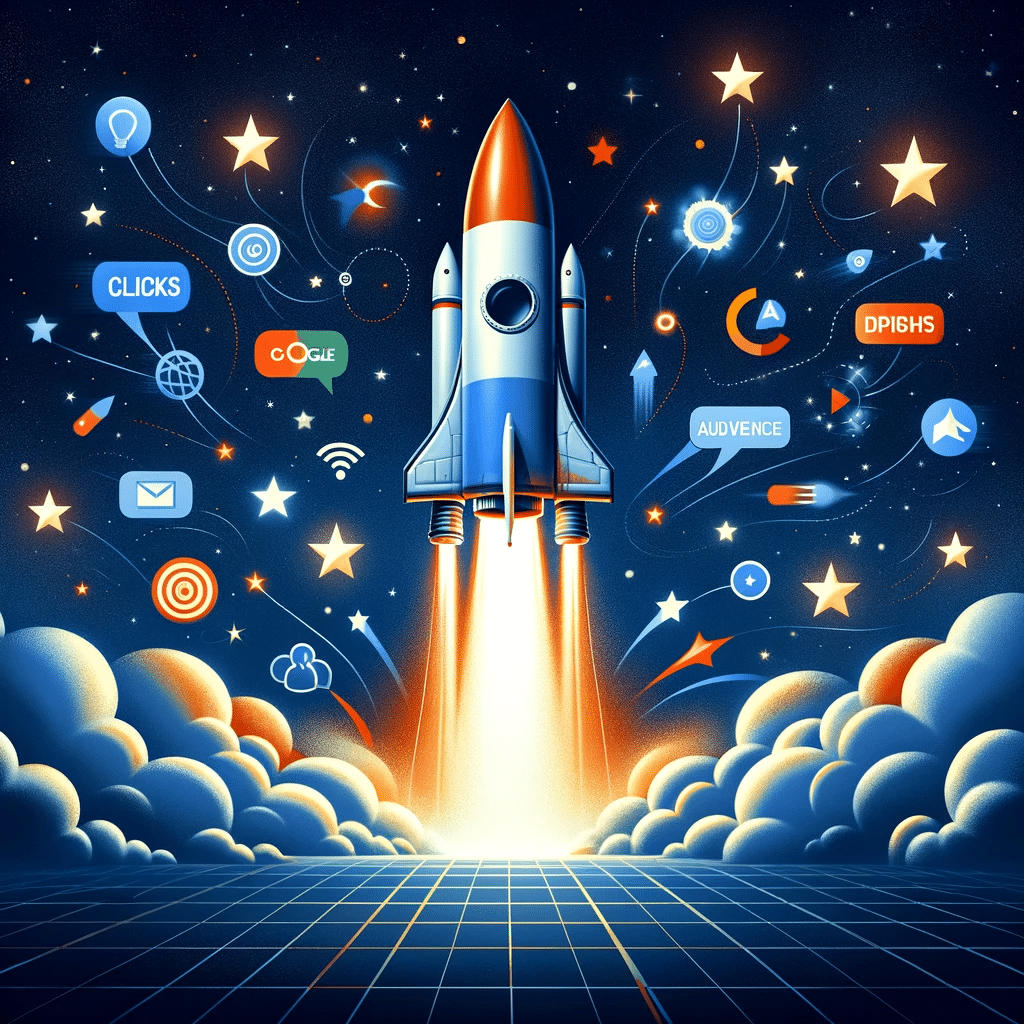Cohete simbolizando el éxito y alcance de Google Ads en el espacio digital | Posiciona.Digital