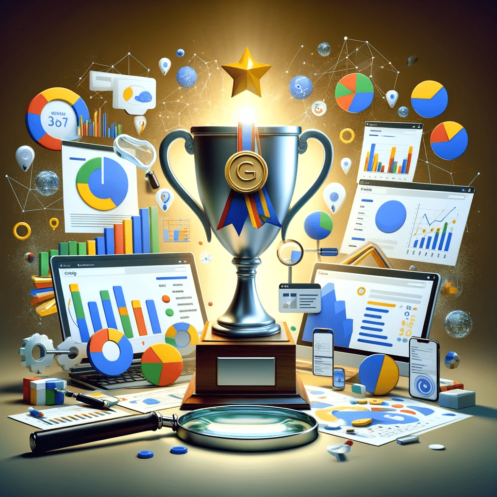 Trofeo rodeado de elementos de marketing digital y análisis competitivo. | Posiciona.Digital